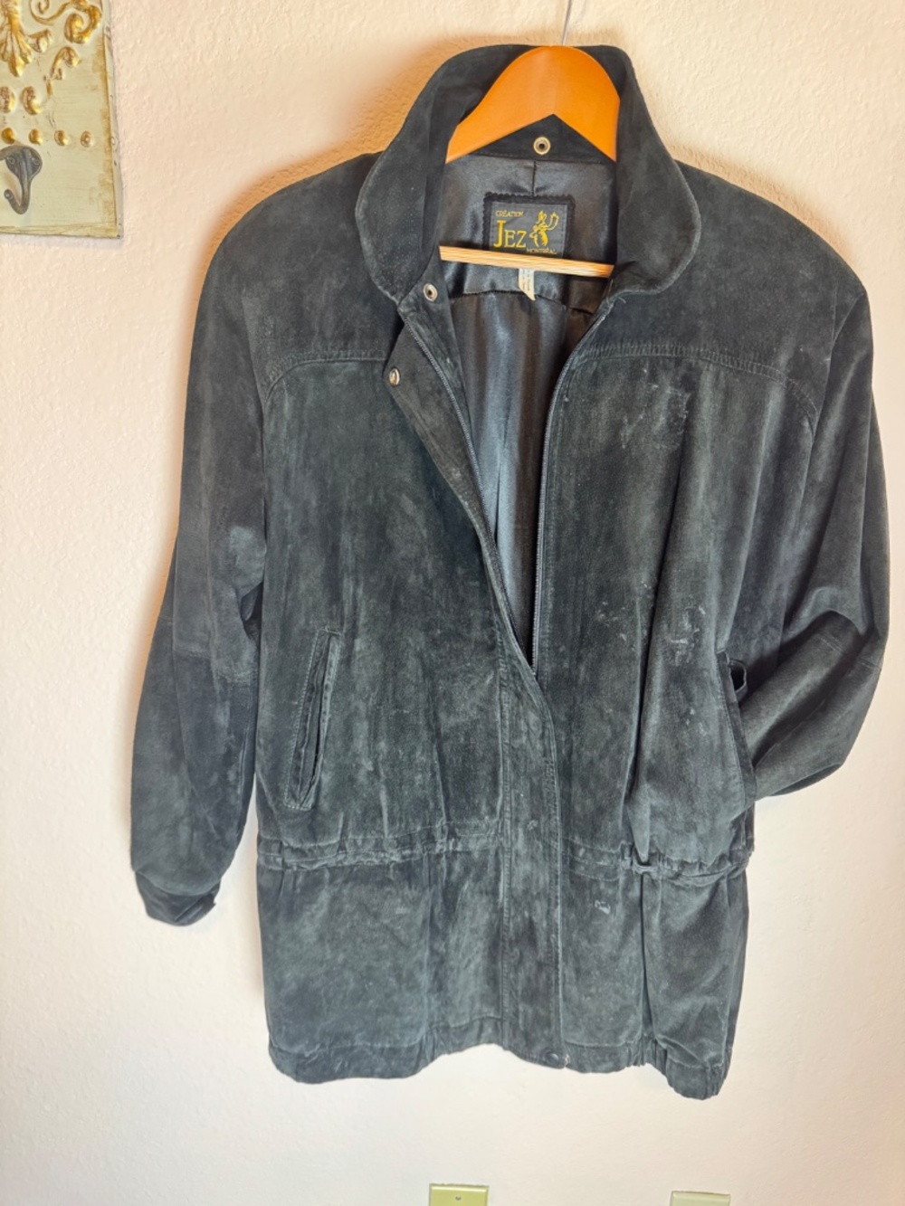 Vintage 80s Jez Creations Montreal Black Suede Leather Jacket Coat Medium